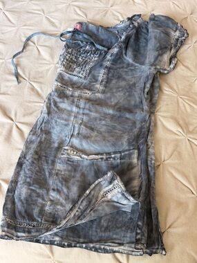 Koi Blue Washed Embroidered Peasant Scrub Top